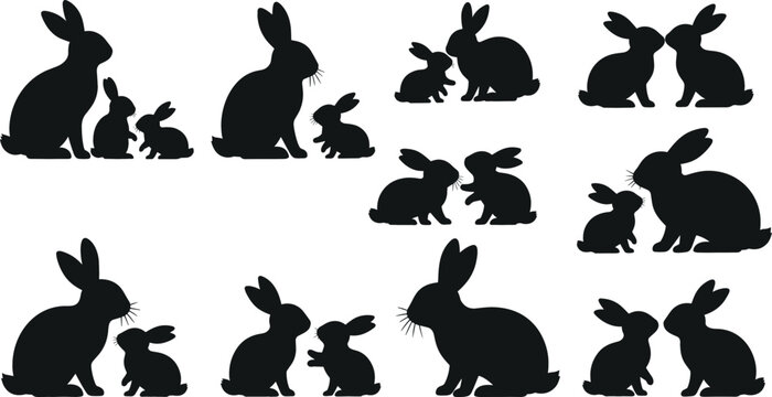 Silhouette of Rabbit Families and Pairs Vector Set for Spring, Easter, and Animal Design Themes