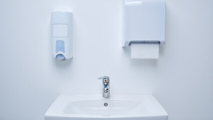 Fototapeta premium Modern bathroom sink with faucet and ceramic wash basin in a luxury contemporary hotel interior featuring clean tile design and home architecture