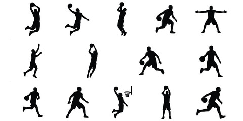 Basketball player silhouettes set, 14 athlete vector elements in action poses, professional sports figures jumping and dribbling for graphic design © Lubna