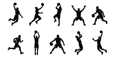 Basketball player silhouettes set, 10 athletic male figures in action poses, black vector icons of basketball players jumping and dunking for sports design © Lubna