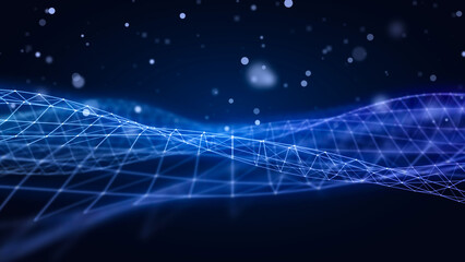 Technology background for futuristic web design featuring a dark blue glowing network grid with floating bokeh particles, abstract digital landscape terrain, 3d render concept texture © PNG KING