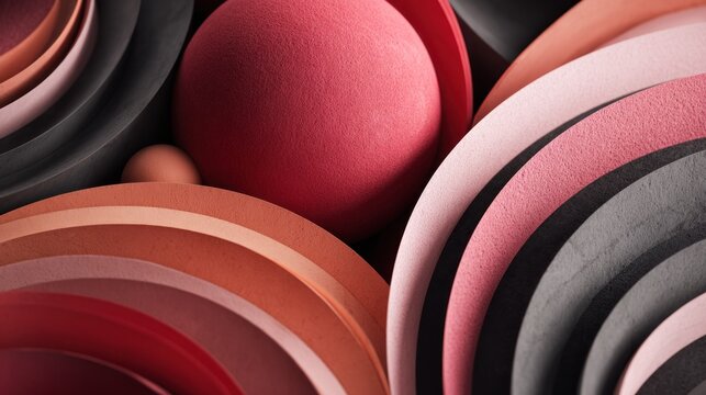 Composition featuring overlapping circular forms and spheres with varied textures and warm colors