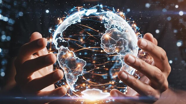Hands holding glowing digital globe for corporate presentations, business marketing, and commercial use