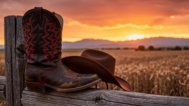 Cowboy boot and hat on fence at sunset for commercial backgrounds, digital design, and advertising
