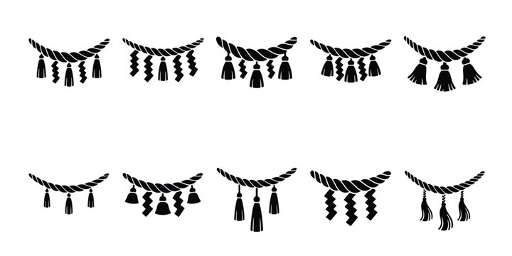 Japanese Shimenawa sacred rope silhouettes, set of 10 traditional Shinto straw rope icons, decorative ritual cord vectors with tassels and shide paper