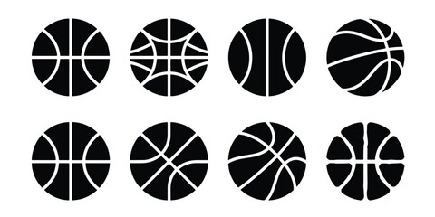 Basketball icon set with 8 black vector silhouettes, minimalist sports ball symbols, professional athletic equipment graphics for tournament branding © Lubna