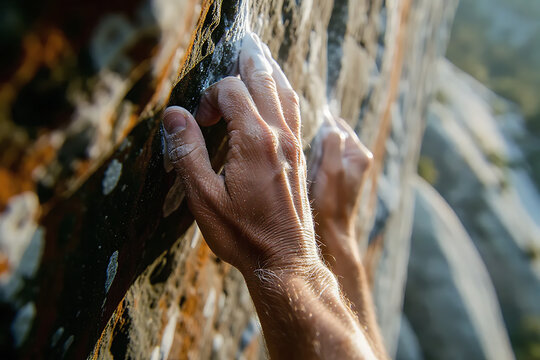 Close Up of Climber Hands with Chalk Gripping a Granite Rock Face During Extreme Outdoor Sport Action in Sunlight