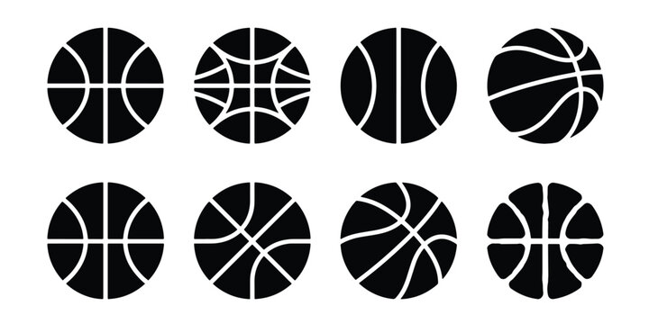Basketball icon set with 8 black vector silhouettes, minimalist sports ball symbols, professional athletic equipment graphics for tournament branding