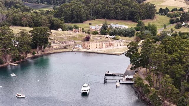 Jetty and cruise on Carnarvon bay of Port Arthur, Tasmania in Australia &ndash; historic gaol.