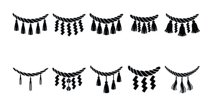 Japanese Shimenawa sacred rope set, 10 black silhouette Shinto straw ropes with shide paper and tassels, traditional cultural decoration vector icons