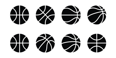 Basketball icon set with 8 black vector silhouettes, sports ball symbols for competition and team branding, minimalist athletic equipment graphics © Jannatul