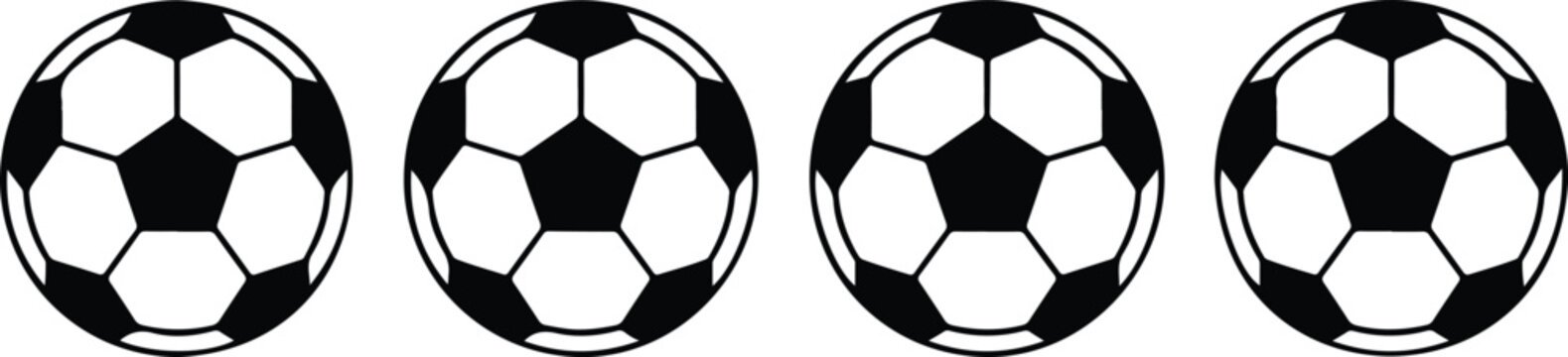 Clean vector sports icon set featuring four classic soccer balls with pentagon hexagon pattern in simple balanced grid layout