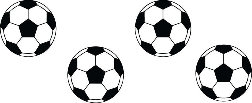 Clean vector sports icon set featuring four classic soccer balls with pentagon hexagon pattern in simple balanced grid layout