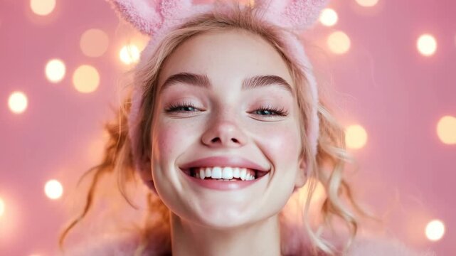 A woman wears pink bunny ears and a soft pink outfit. She stands in front of a wall with many lights. The atmosphere is fun and playful as she smiles at the camera