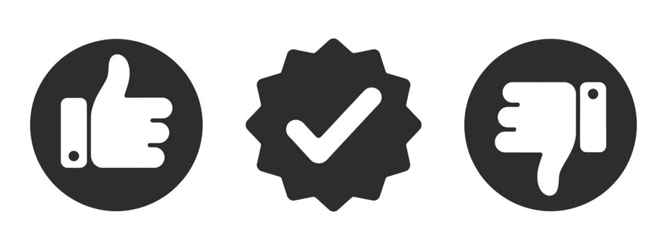 Verify, like and dislike social network pictograms, positive and negative feedback icons, good and bad choice symbol set