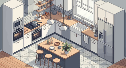 Obraz premium Overhead view of a modern kitchen with island and appliances
