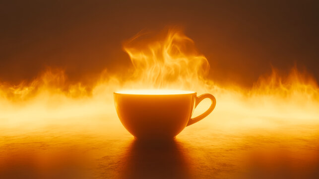 Glowing Coffee Cup with Rising Steam and Warm, Fiery Background Ambiance