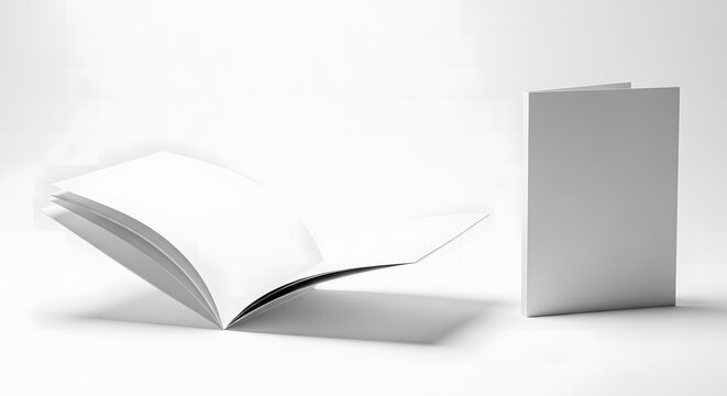 Empty white brochures stand open and closed in a professional layout designed for high quality print media branding project presentations