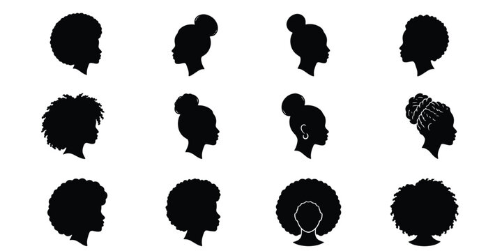 Black woman silhouette head profiles, African American female hairstyles set, 12 vector icons of afro hair, braids, and buns for beauty branding