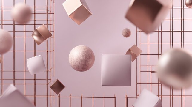 Geometric shapes and metallic spheres float within a delicate wireframe structure against a soft background