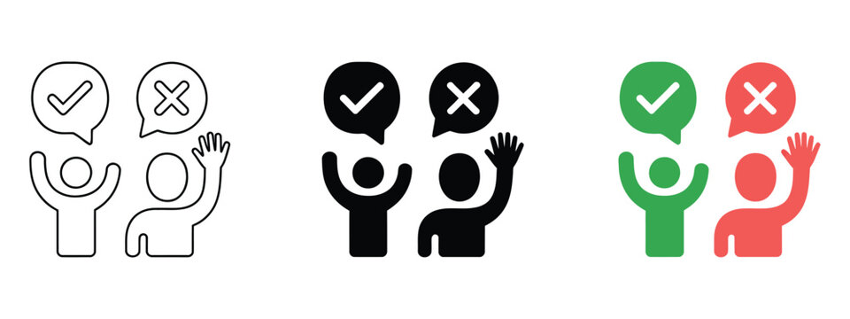 Vector icons set of people with checkmark and cross in speech bubbles, line art black and white and color options, voting and survey concept, choice and decision making process, modern UI illustration