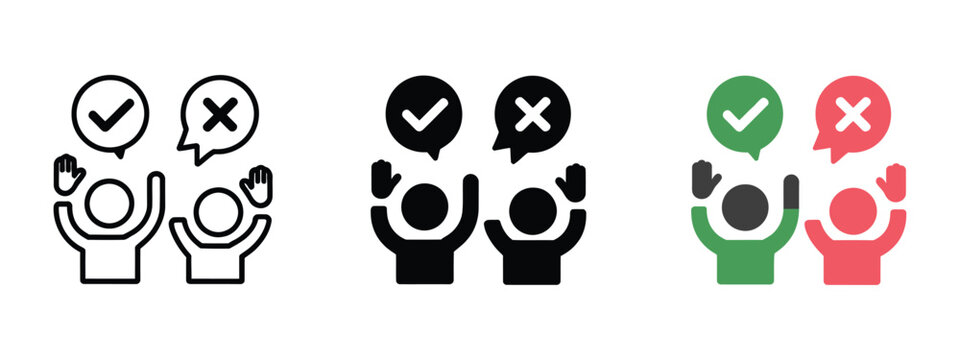 Vector icons set of people with checkmark and cross in speech bubbles, line art black and white and color options, voting and survey concept, choice and decision making process, modern UI illustration