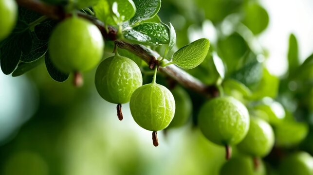 Close-up of fresh green amla fruits hanging on a branch surrounded by lush green leaves in a natural setting with soft blurred background