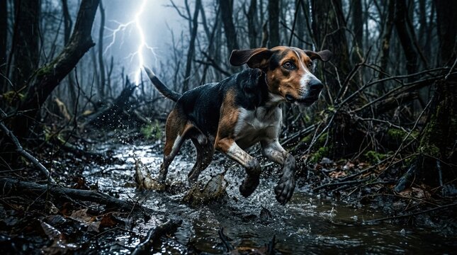 Hound dog running through dark stormy forest, water splashing, bright lightning striking behind. Dramatic wilderness scene.
