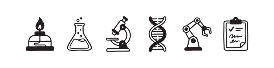 Fototapeta premium A set of solid black icons representing scientific research, laboratory experiments, and biotechnology innovations.