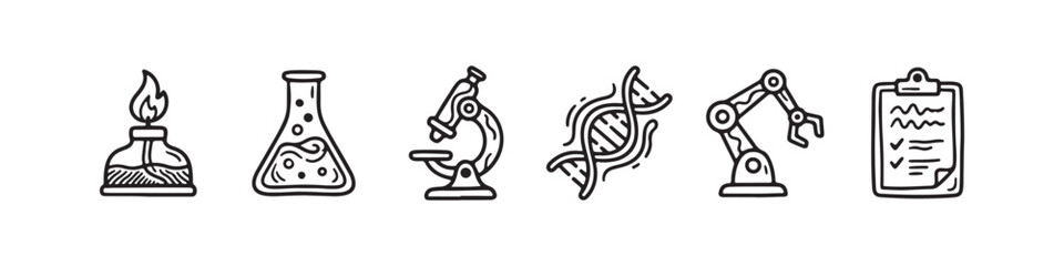 Fototapeta premium A set of solid black icons representing scientific research, laboratory experiments, and biotechnology innovations.