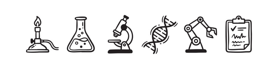 Fototapeta premium A set of solid black icons representing scientific research, laboratory experiments, and biotechnology innovations.