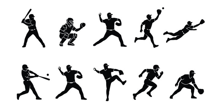 Baseball player silhouettes set, 10 black vector icons of athletes batting and pitching, professional sports action poses for league branding