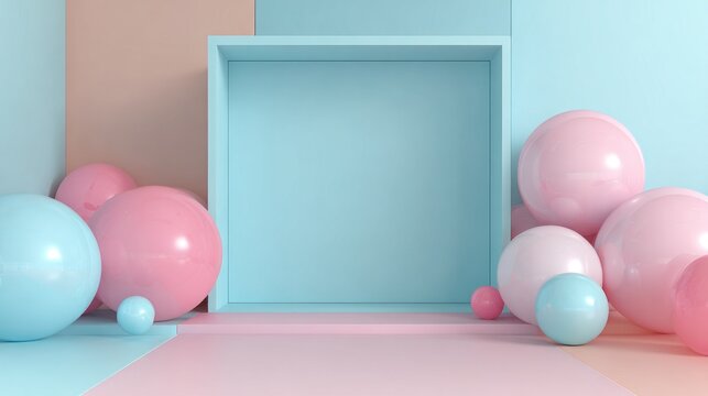 Pastel colored spheres cluster around a recessed square frame against a backdrop of soft geometric planes
