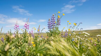 Naklejka premium Wildflower meadow blooming under clear blue sky in grassland