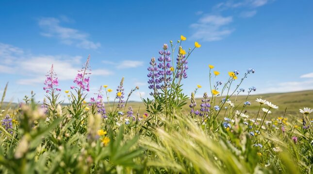 Wildflower meadow blooming under clear blue sky in grassland
