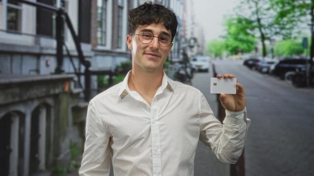 Man holding white chip card between fingers on city street in front of parked cars and buildings; trust finance confidence.