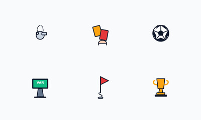 Hand-drawn soccer referee equipment set including whistle cards football VAR screen corner flag and gold trophy authentic illustration © RohossomoyFacts