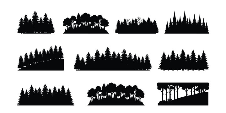 Forest silhouette vector set, black pine tree treeline icons, coniferous and deciduous woodland landscape elements, 10 nature horizon silhouettes