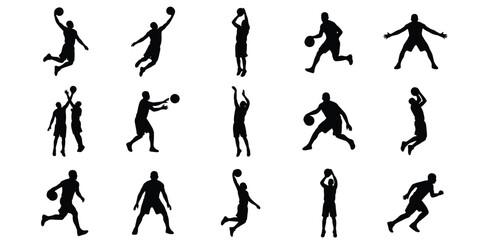 Basketball player silhouettes set, 15 athlete vector elements in action poses, black sports figures jumping and dribbling on white background © Tanzina