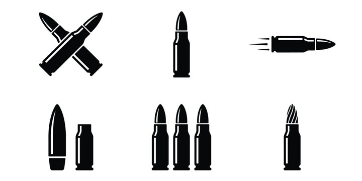 Military bullet icons set, black weapon ammunition silhouettes, rifle cartridge vector elements, firearm ammo graphics for gaming and defense