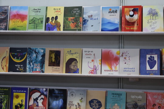 New Delhi, India, January 10 2026 - Variety of Books on shelf inside a book-stall at Delhi International Book Fair, Selection of books on display in Annual Book Fair at Bharat Mandapam complex