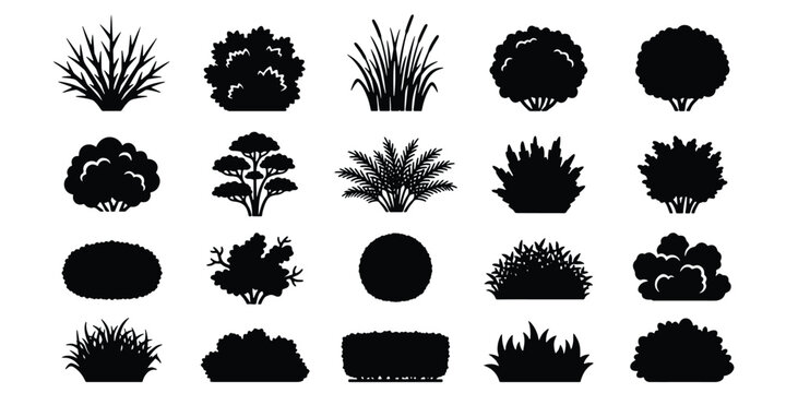 Minimalist bush silhouette collection, 20 plant and shrub vector icons, black garden foliage elements for landscape design and architectural site plans