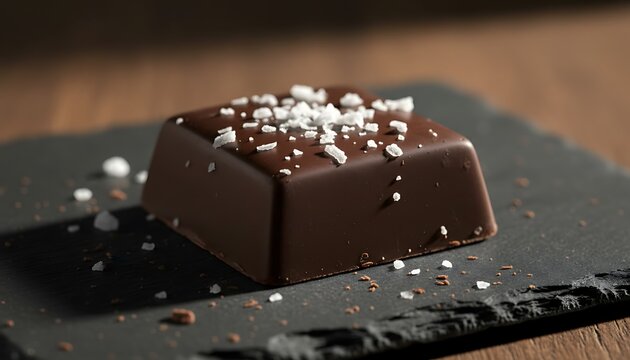 Macro photograph of a dark chocolate square with flaked sea salt and gold dust on a dark slate background