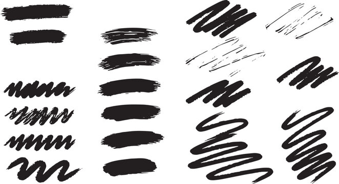 Collection of black paint brush strokes and scribbles on transparent background, abstract design elements.