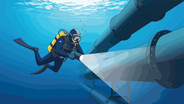 Professional scuba diver performing underwater inspection of large industrial pipes using powerful flashlight in deep blue water.