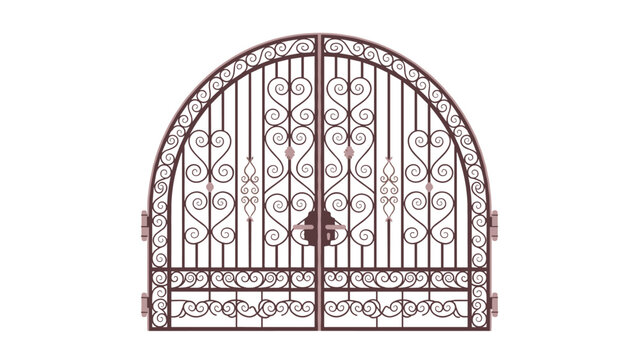 Ornate wrought iron double gate featuring intricate swirling patterns and decorative scrolls within a classic arched frame design.