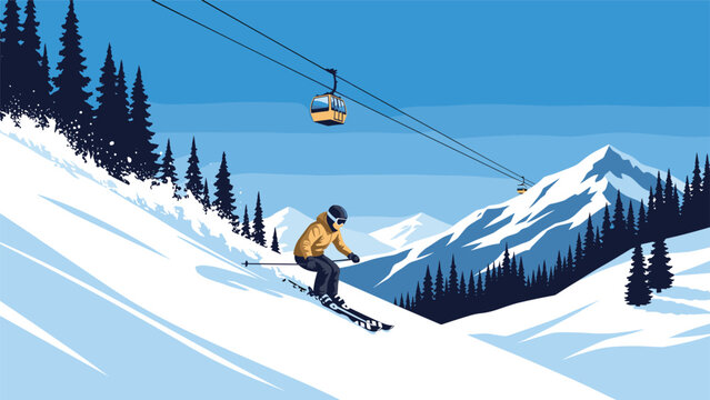 Skillful skier glides down a steep snowy mountain slope with tall pine trees and a cable car operating in the clear blue distance.
