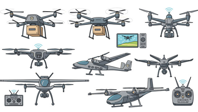 Detailed set of various drone models includes delivery quadcopters with packages, surveillance aircraft, and remote control systems.