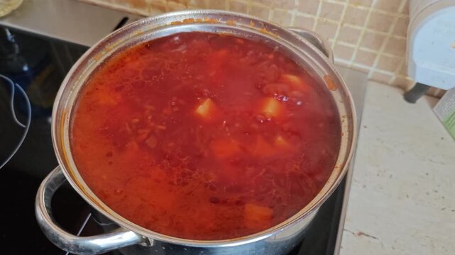 Cooking borscht in a saucepan on the stove with fresh ingredients