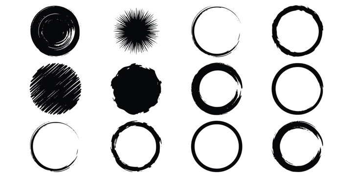 Grunge brush stroke circles, set of 12 black ink round frames and textured paint splatters, hand drawn artistic vector elements for logo design